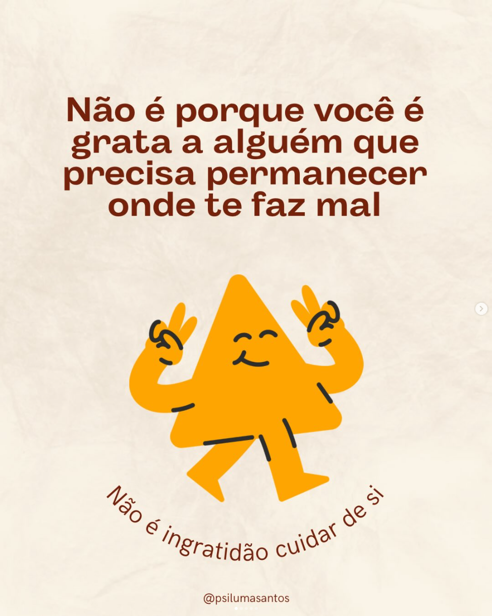 Publicação da psicóloga Luma Santos sobre gratidão e permanência em relações que fazem mal.